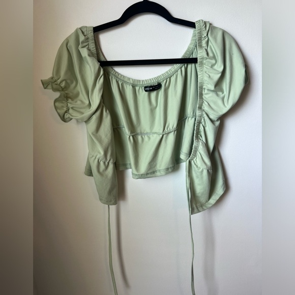 SHEIN Light Green Tie Cropped Top Blouse Short Sleeve Large - Picture 3 of 6